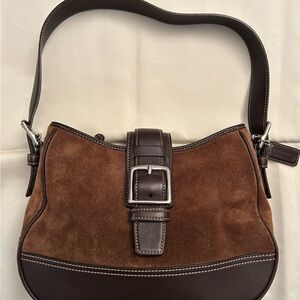 Coach Brown Suede Shoulder Bag with Leather Trim and Adjustable Strap